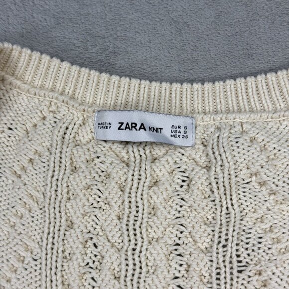 Zara Cream Cable Knit Sweater Lace Up Ribbon Detail Long Sleeve Chunky Preppy S - Picture 4 of 9